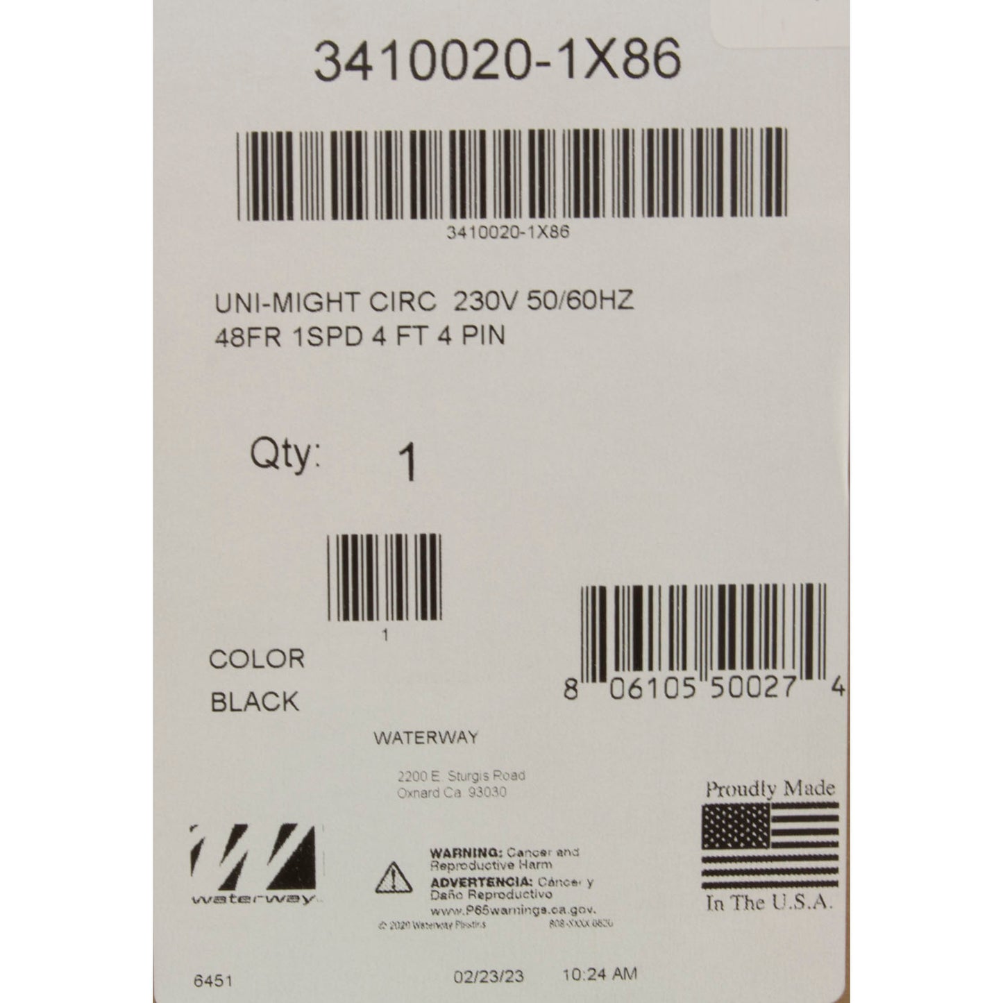 Pump, Circ, Waterway Uni-Might, 1/8hp, 230v, 1-Spd, 48Fr, 50/60Hz