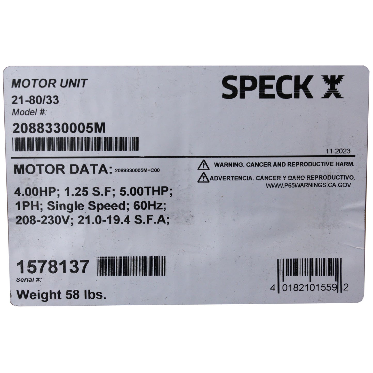 Power End, Speck 21-80 G/GS, 4.0hp, 1 Phase