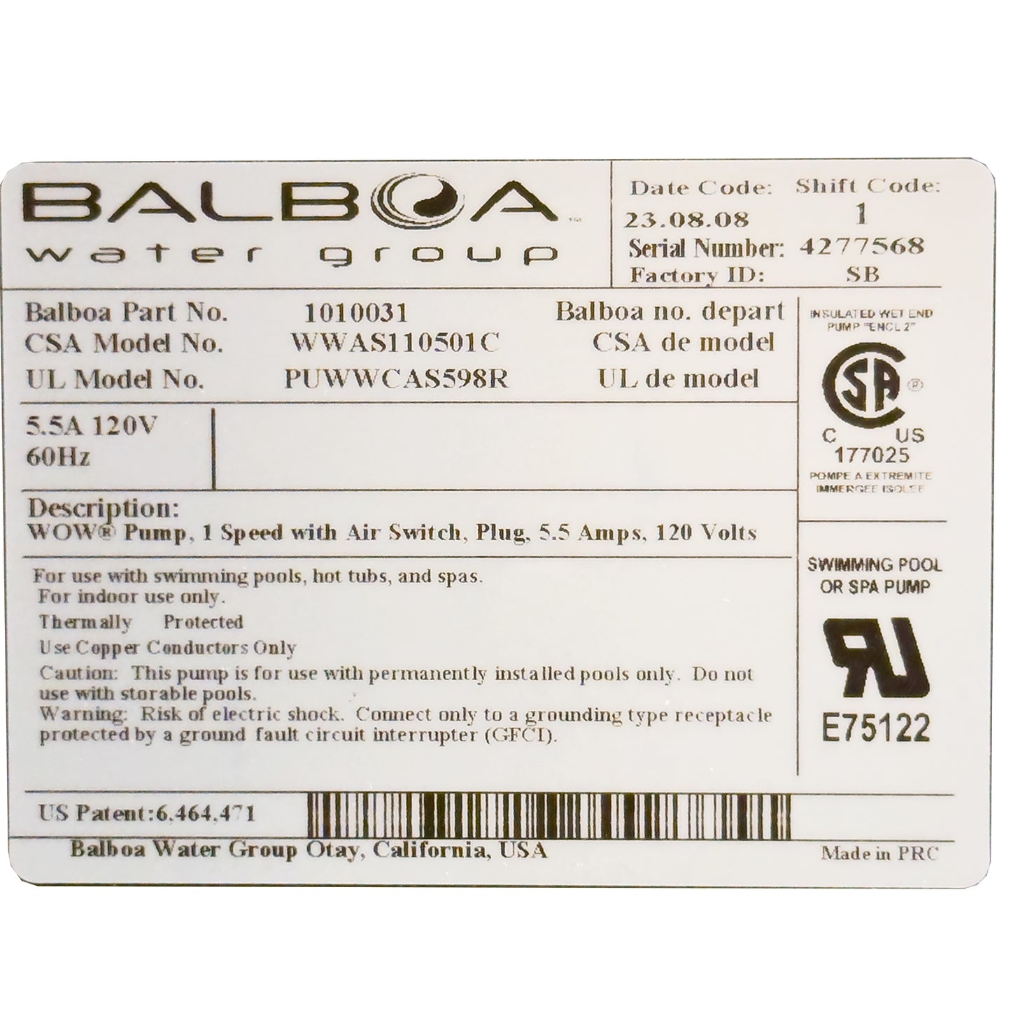 Pump, HQ Bes-6000, 0.5Hp, 115V, 1-Spd