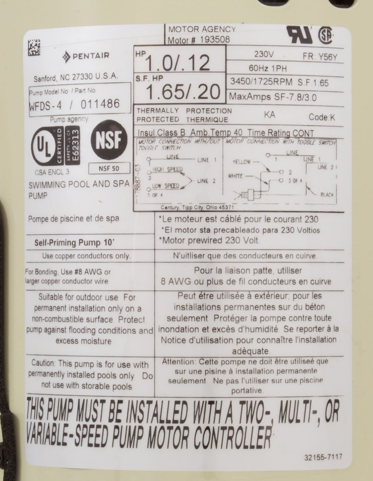 Pump, Whisperflo, 230V, 1Hp, 2 Spd, w/ Switch