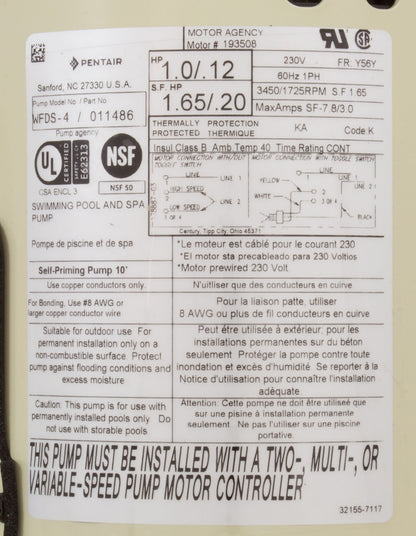 Pump, Whisperflo, 230V, 1Hp, 2 Spd, w/ Switch