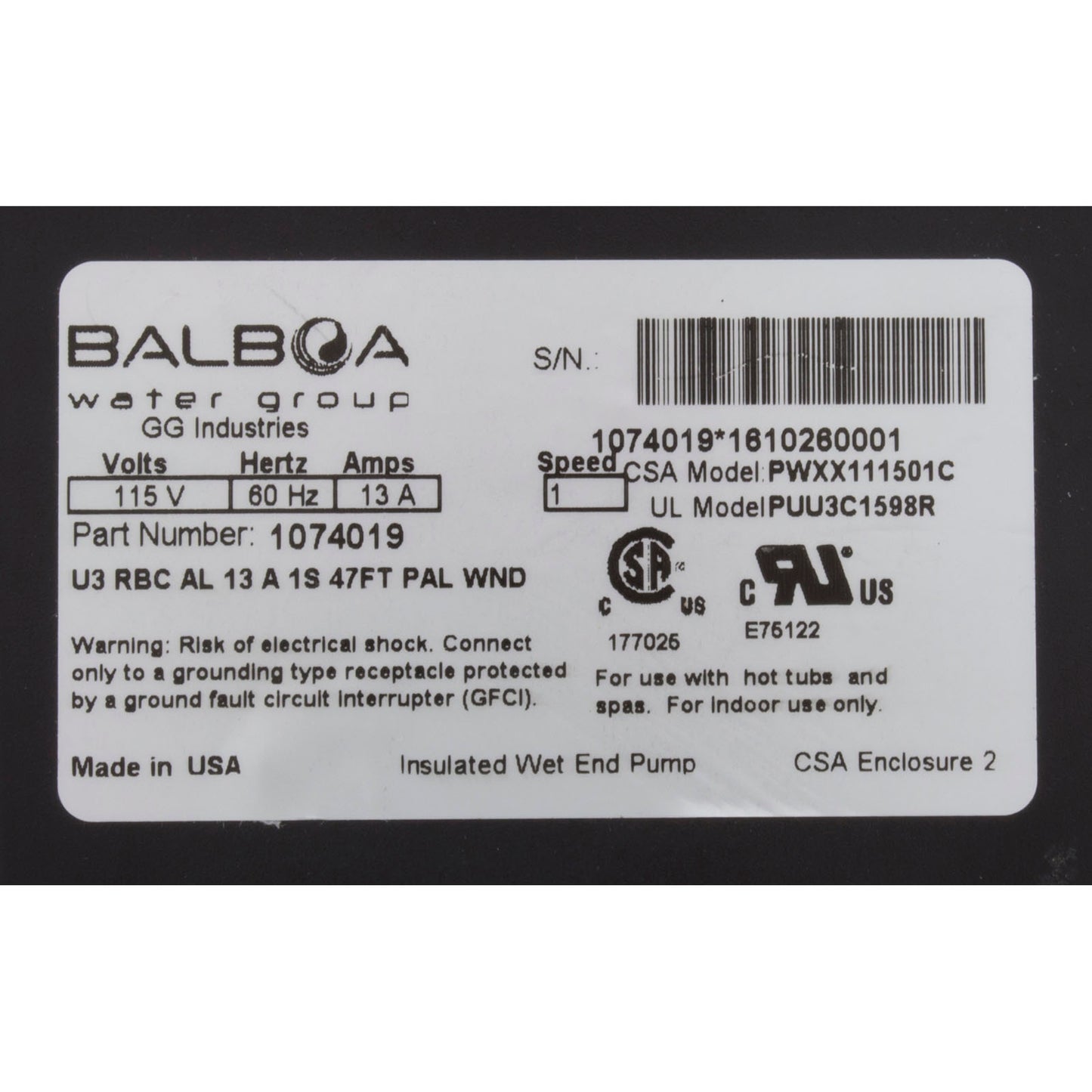 Pump, Bath, BWG Power WOW, 1.5hp, 115v, 1-Spd, 13A, Nema Cord