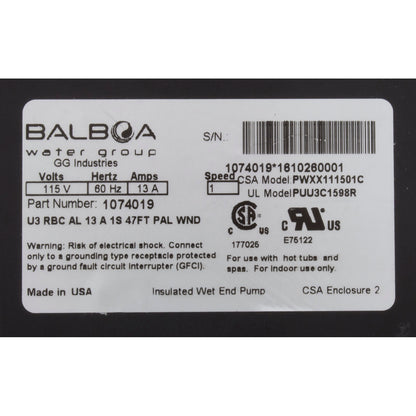 Pump, Bath, BWG Power WOW, 1.5hp, 115v, 1-Spd, 13A, Nema Cord