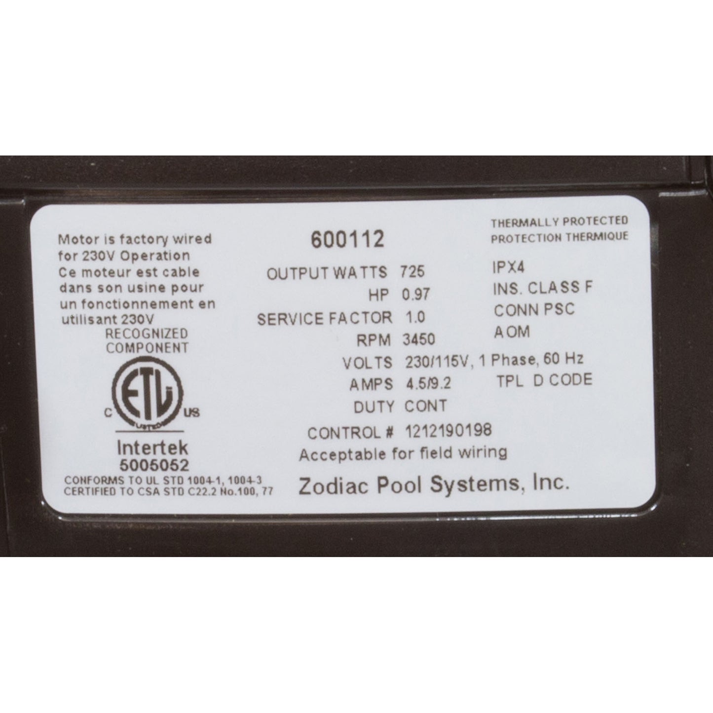 Pump, Zodiac Polaris, 1.0HP, 230/115 V, 3/4" Inlet/Outlet