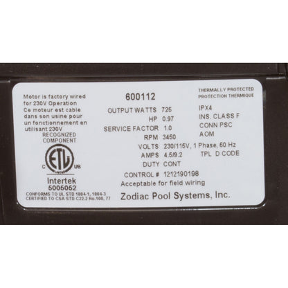 Pump, Zodiac Polaris, 1.0HP, 230/115 V, 3/4" Inlet/Outlet