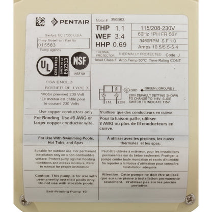 Pump, Pentair WhisperFlo, 1.1hp, 115/208-230v, 1-Spd, TEFC