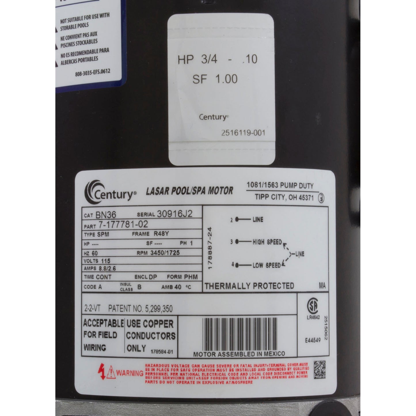 Pump, WW E-Series, 0.75hp, 115v, 2-Spd, 48fr, 1-1/2", OEM