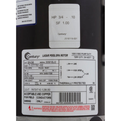 Pump, WW E-Series, 0.75hp, 115v, 2-Spd, 48fr, 1-1/2", OEM