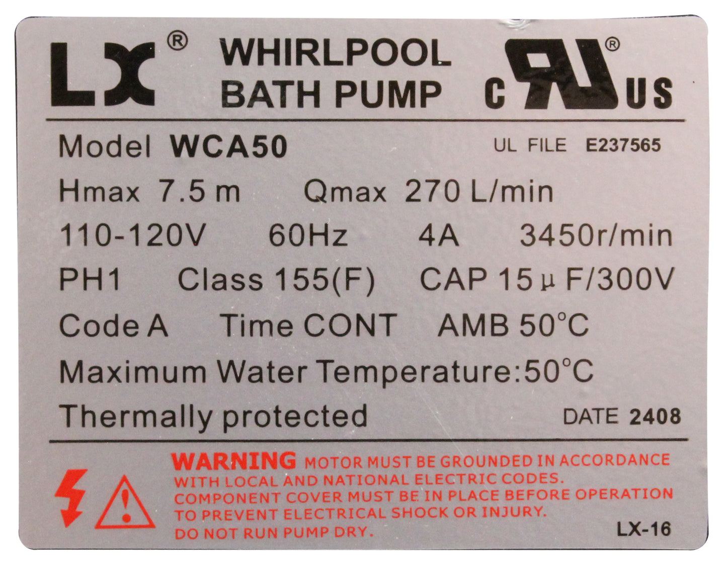 Pump, Circ, LX WCA, for Platinum Spa (USA Version) , w/Air Switch