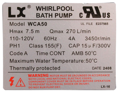 Pump, Circ, LX WCA, for Platinum Spa (USA Version) , w/Air Switch