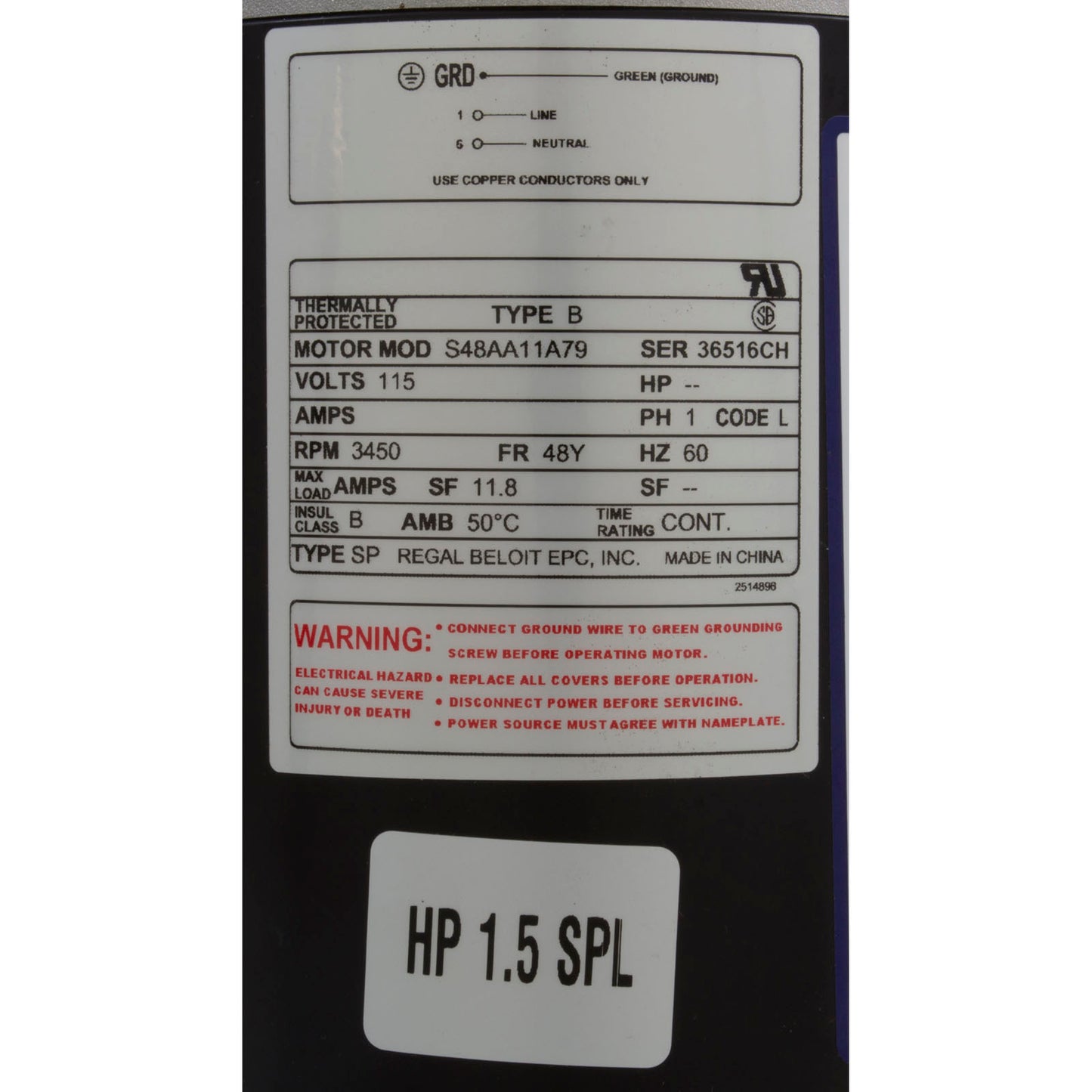 Pump, WW E-Series, 1.5hp SPL, 1-Spd, 48fr, 1-1/2", Nema, OEM