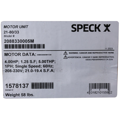 Power End, Speck 21-80 G/GS, 4.0hp, 1 Phase