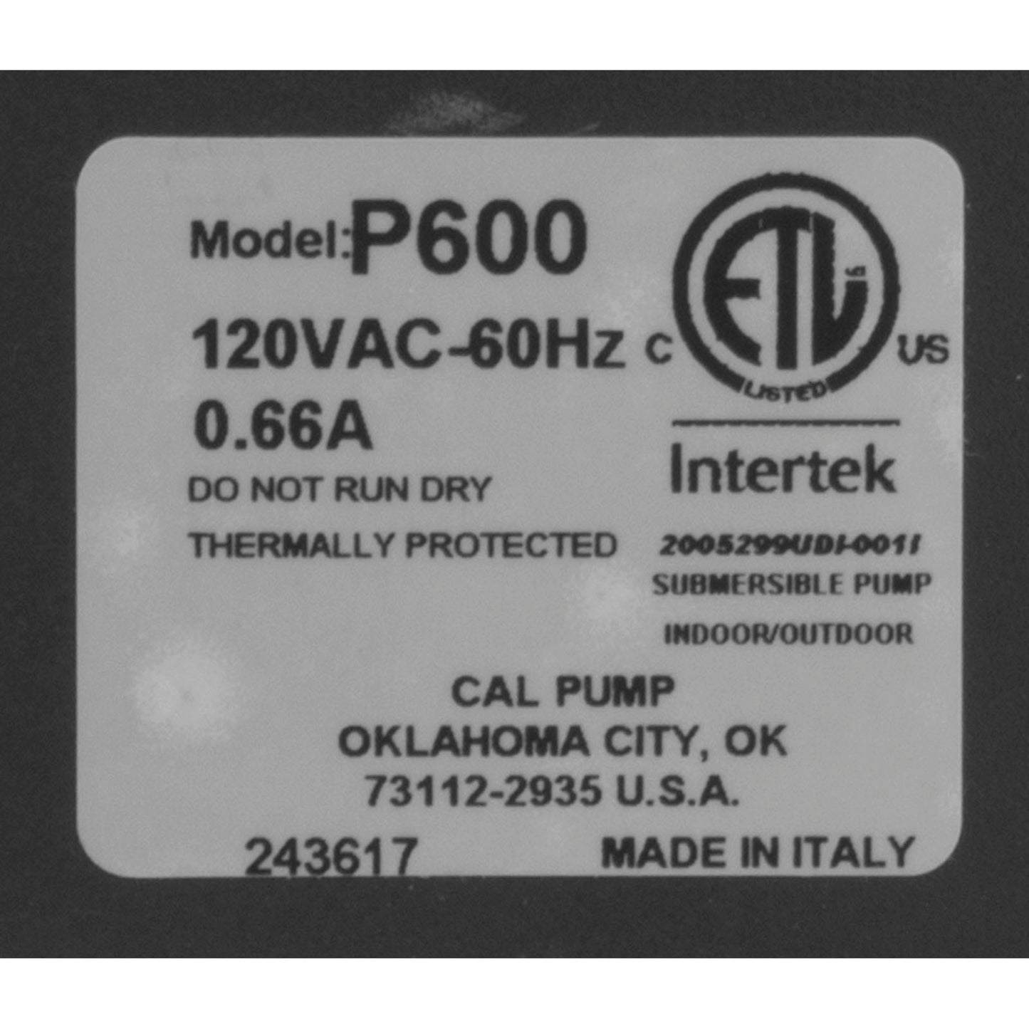 Calvert Magnetic Drive Submersible Pump- Small 600 Gph