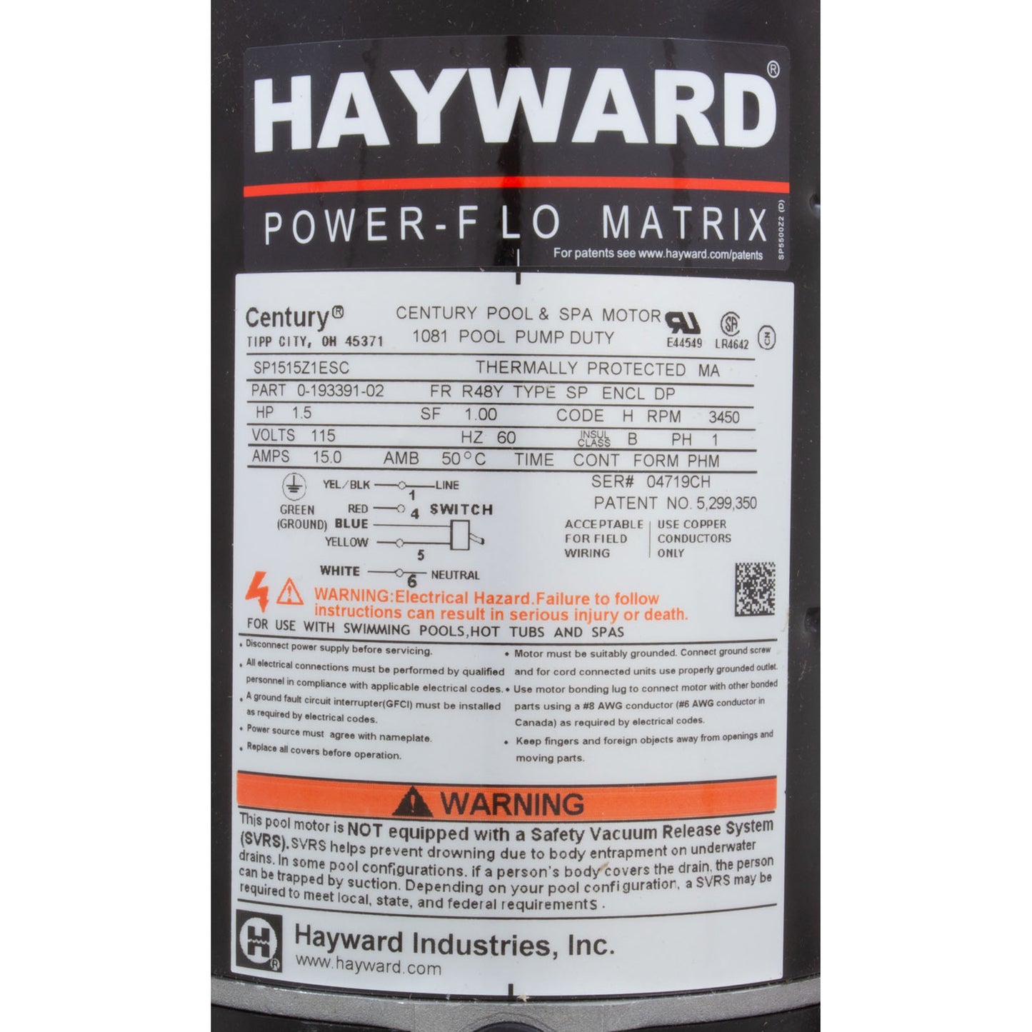 Pump, Hayward Powerflo, 1.5hp, 115V, 6"Crd, Expert Line, w/Switch